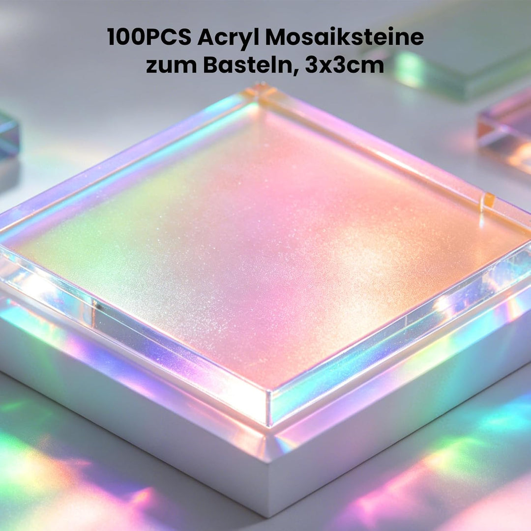 GEEKHOM 100PCS Acryl Mosaiksteine zum Basteln - 3x3 cm Regenbogen Hologramm Acrylplatten, Irisierend