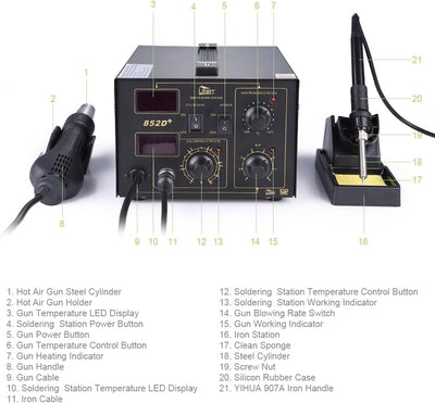 Heissluft Lötstation Rework Station 2-in-1 Lötkolben, mit einstellbare Temperatur, LED Anzeige, 852D