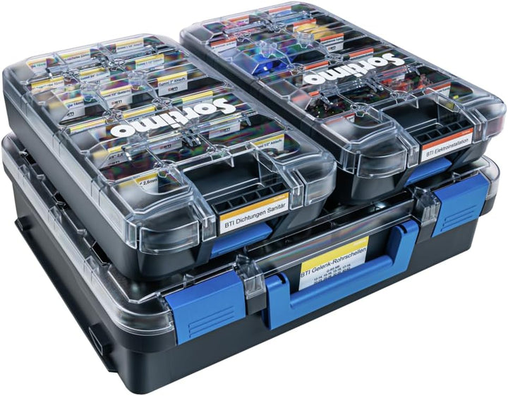 T-BOXX 320 anthrazit & blauer Griff – Werkzeugkoffer für Kleinteile, Transparenter Deckel, Anpassbar