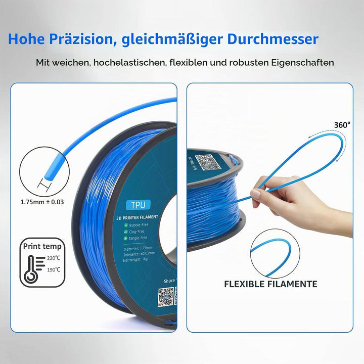 GEEETECH TPU filament 1,75mm Blau, Flexible 3D Drucker Filament 1kg 1 Spool Blau-1KG, Blau-1KG