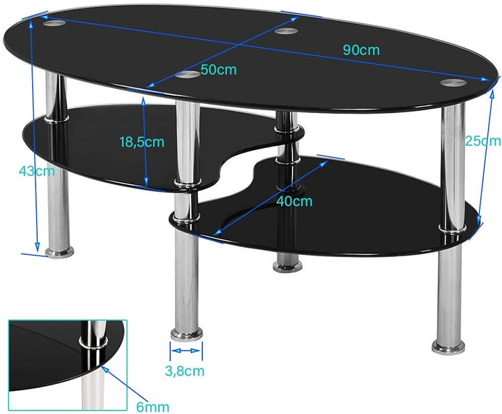 MINGYI Couchtisch aus gehärtetem Glas mit 3 Etagen, 90 × 50 × 43 cm, oval, Tisch für Wohnzimmer, Sch