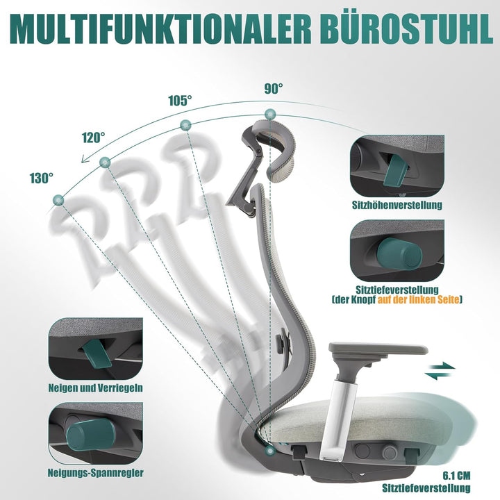 COLAMY XK Atlas Ergonomischer Netz-Bürostuhl, Chefsessel mit hoher Rückenlehne, Verstellbarer Kopfst