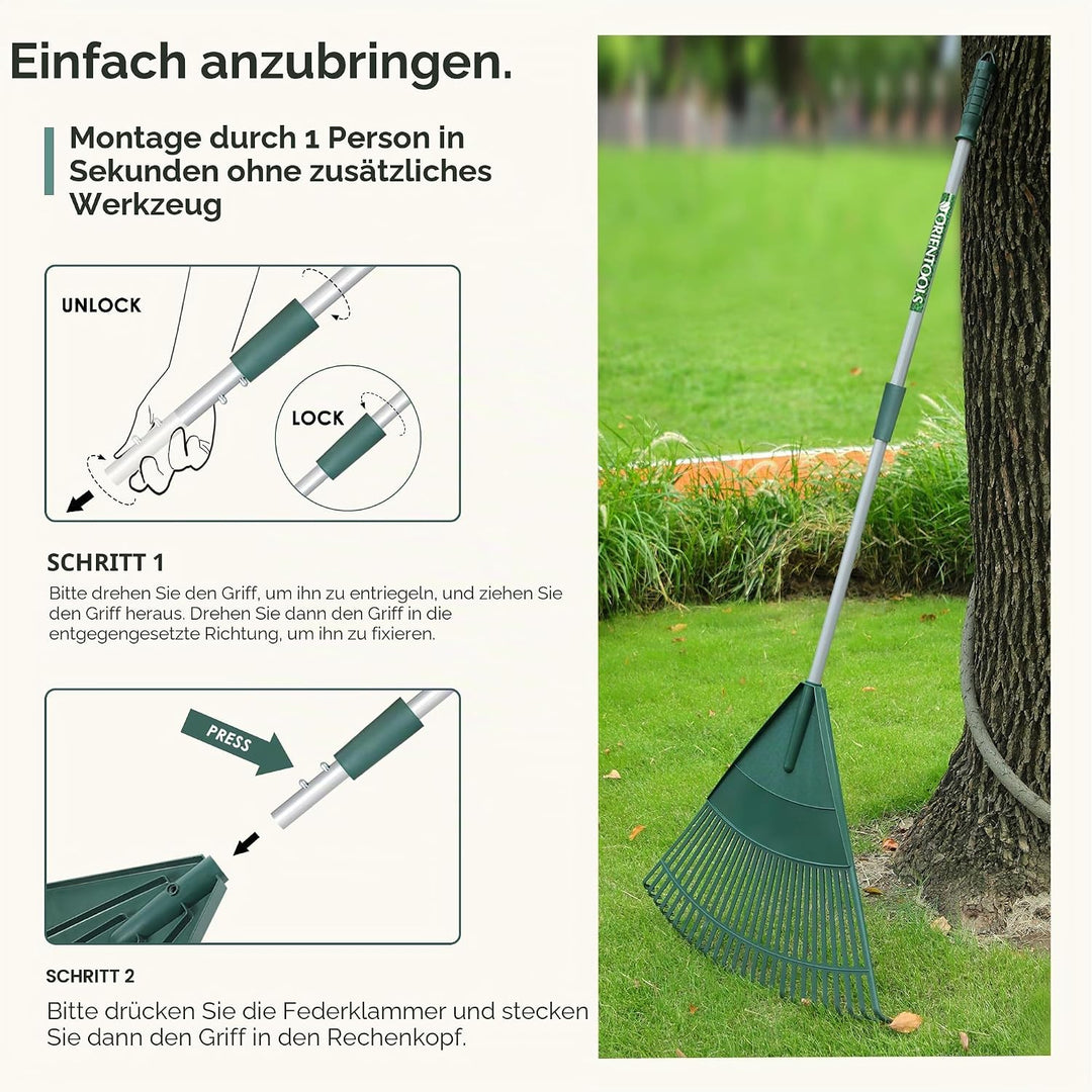 ORIENTOOLS Garten Laubrechen, Garten Rechen für Rasen Laub mit verstellbarem Griff 120 bis 165 cm Re