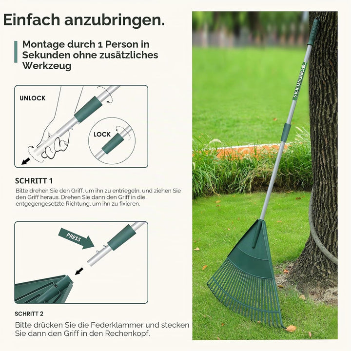 ORIENTOOLS Garten Laubrechen, Garten Rechen für Rasen Laub mit verstellbarem Griff 120 bis 165 cm Re
