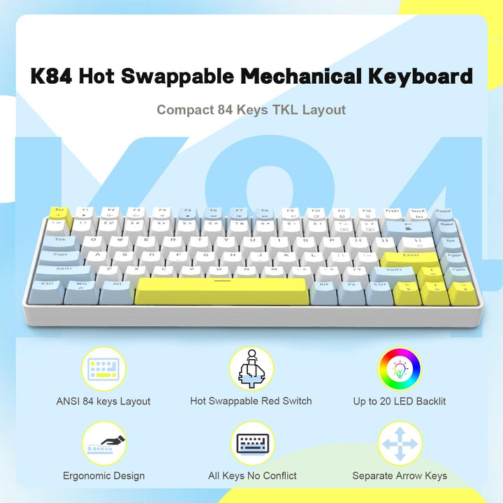 Hot-Swap-fähige mechanische Gaming-Tastatur,80% kabelgebunden tragbar gemischte Farben kompakte Tast