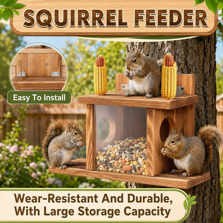 NAVESO Wooden Squirrel Feeder,Squirrel House Nesting Box for Nuts Corn, Peanuts,Squirrel Feeding Sta