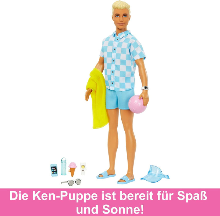 Barbie Ken - Blonde Puppe mit blauem Hemd und Badehose, Strand-Accessoires und Wasserball für kreati