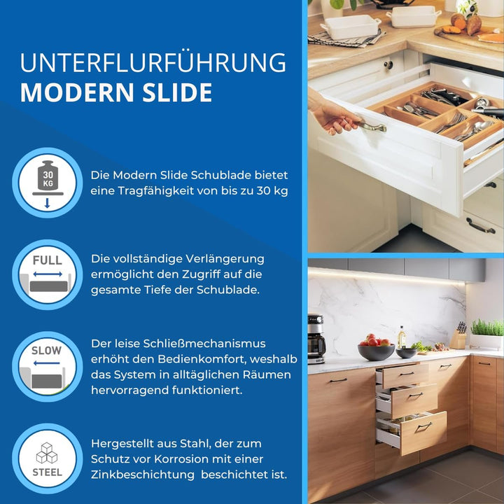 GTV Unterflurführung Schubladenschienen Vollauszüge Schubladenauszüge - 550 mm - Soft-Close Schienen