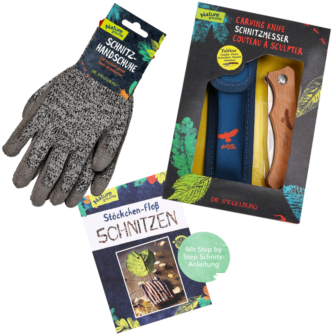 Taschenmesser für Kinder ab 6 Jahren, mit Schnitzhandschuhe & Bastelbuch Anleitung für Schnitzprojek
