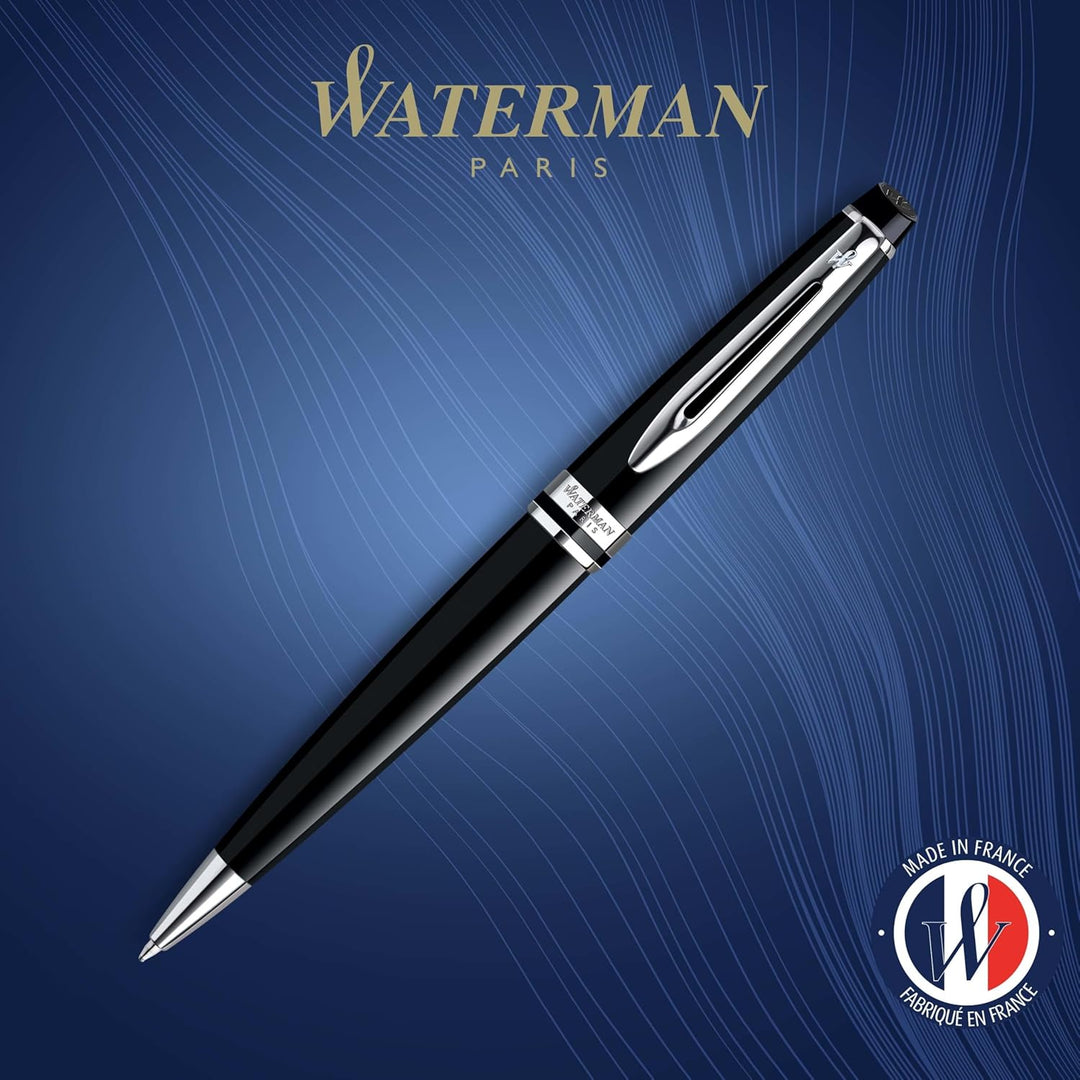 Waterman Expert Kugelschreiber | Hochglänzend Schwarz mit Chromzierteile Mittlere Spitze Blaue Tinte