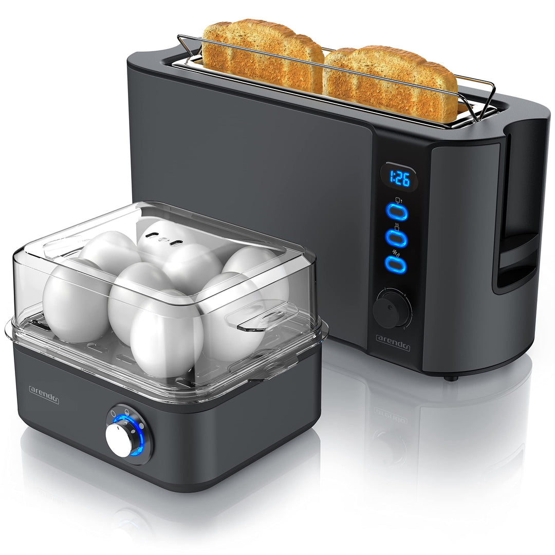 Arendo SET Toaster FRUKOST mit Eierkocher EIGHTCOOK Edelstahl Cool Grey Toaster 2 Scheiben LED-Displ
