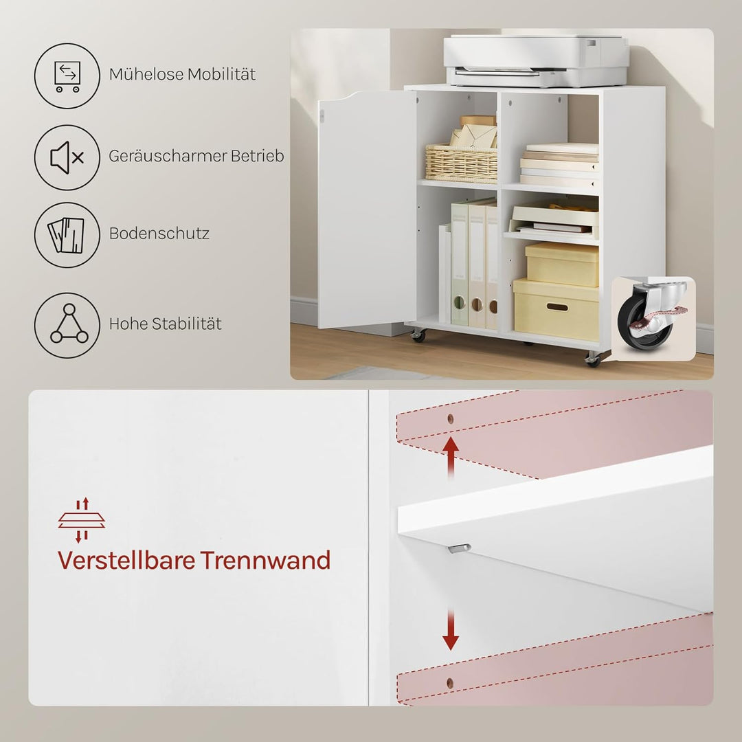 WOLTU Aktenschrank mit Rollen, Druckertisch mit 3 offenen Fächern, 1 Tür, verstellbaren Ablagen, für