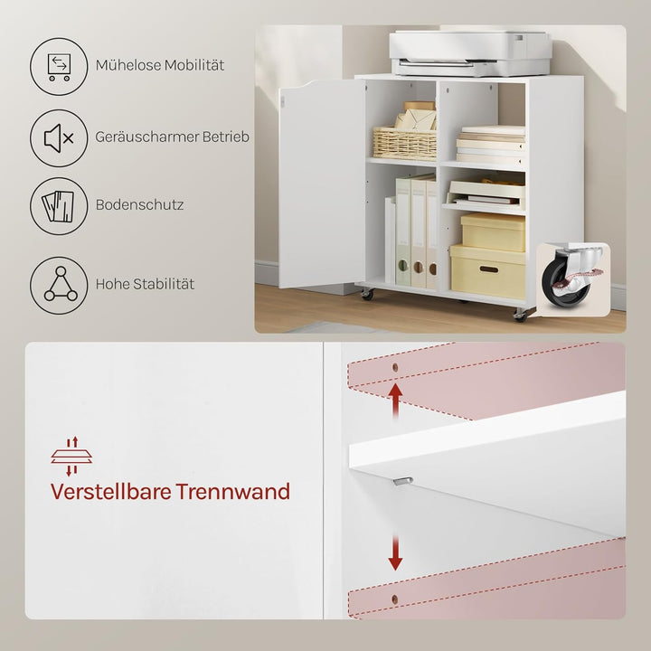 WOLTU Aktenschrank mit Rollen, Druckertisch mit 3 offenen Fächern, 1 Tür, verstellbaren Ablagen, für