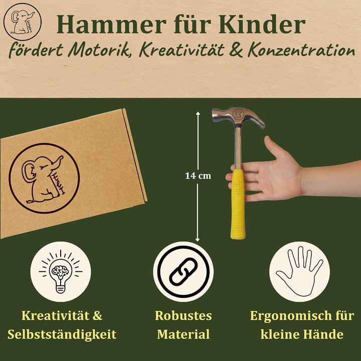 Eli® Kinderhammer + Holzraspeln – Echtes Werkzeug für Kinder mit ergonomisch rutschhemmenden Griff –