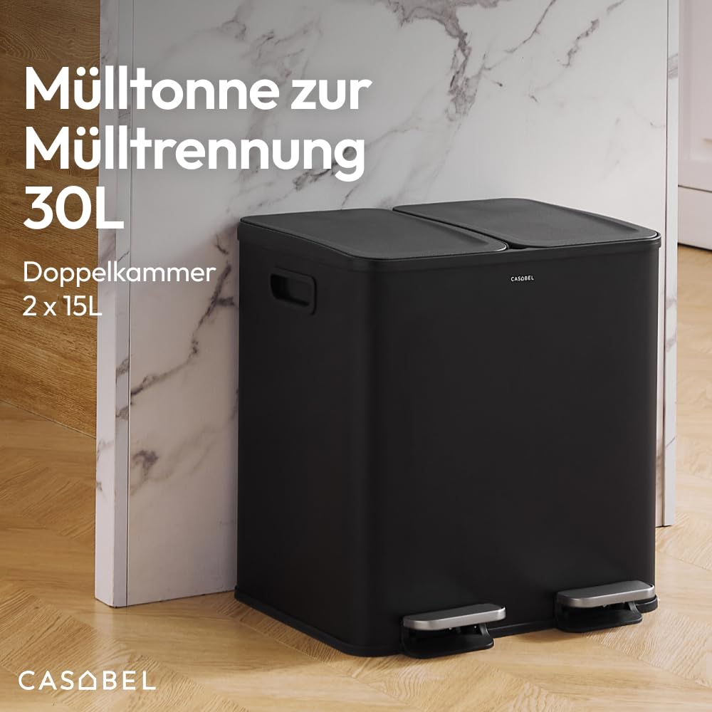 CASABEL Mülleimer Küche mit 2 Fächern, 2x15L, Tretmülleimer aus 100% Edelstahl, fingerabdruckresiste