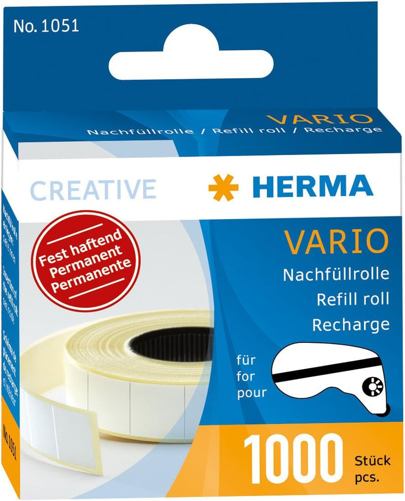 HERMA 10 x Nachfüllrolle für Vario-Klebespender fest haftend 1000 Klebestücke, 1051, weiss, 13x12mm