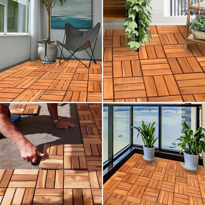 Ansobea Holzfliesen Balkon, Akazienholz 30x30cm Terrassenfliesen 11Stück 1㎡,Terassenboden Aussen,Kli