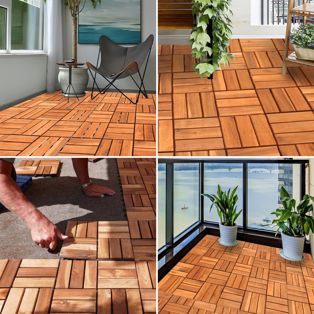 Ansobea Holzfliesen Balkon, Akazienholz 30x30cm Terrassenfliesen 11Stück 1㎡,Terassenboden Aussen,Kli