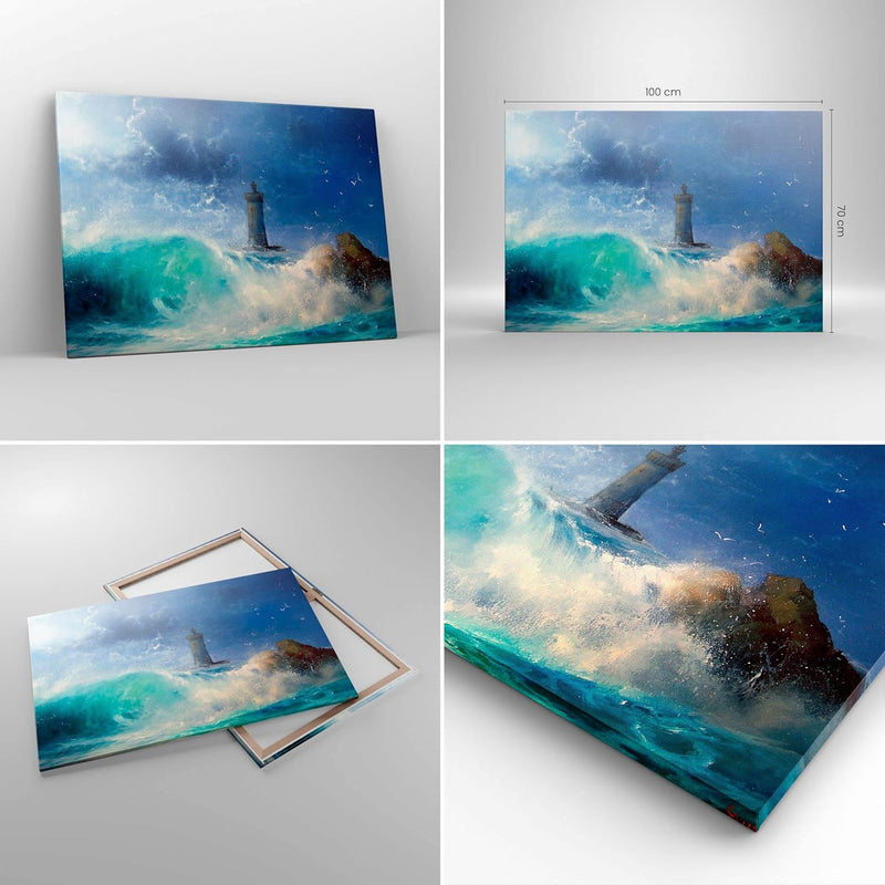 Bilder auf Leinwand 100x70cm Leinwandbild mit Rahmen Leuchtturm Meer Gross Wanddeko Bild Schlafzimme