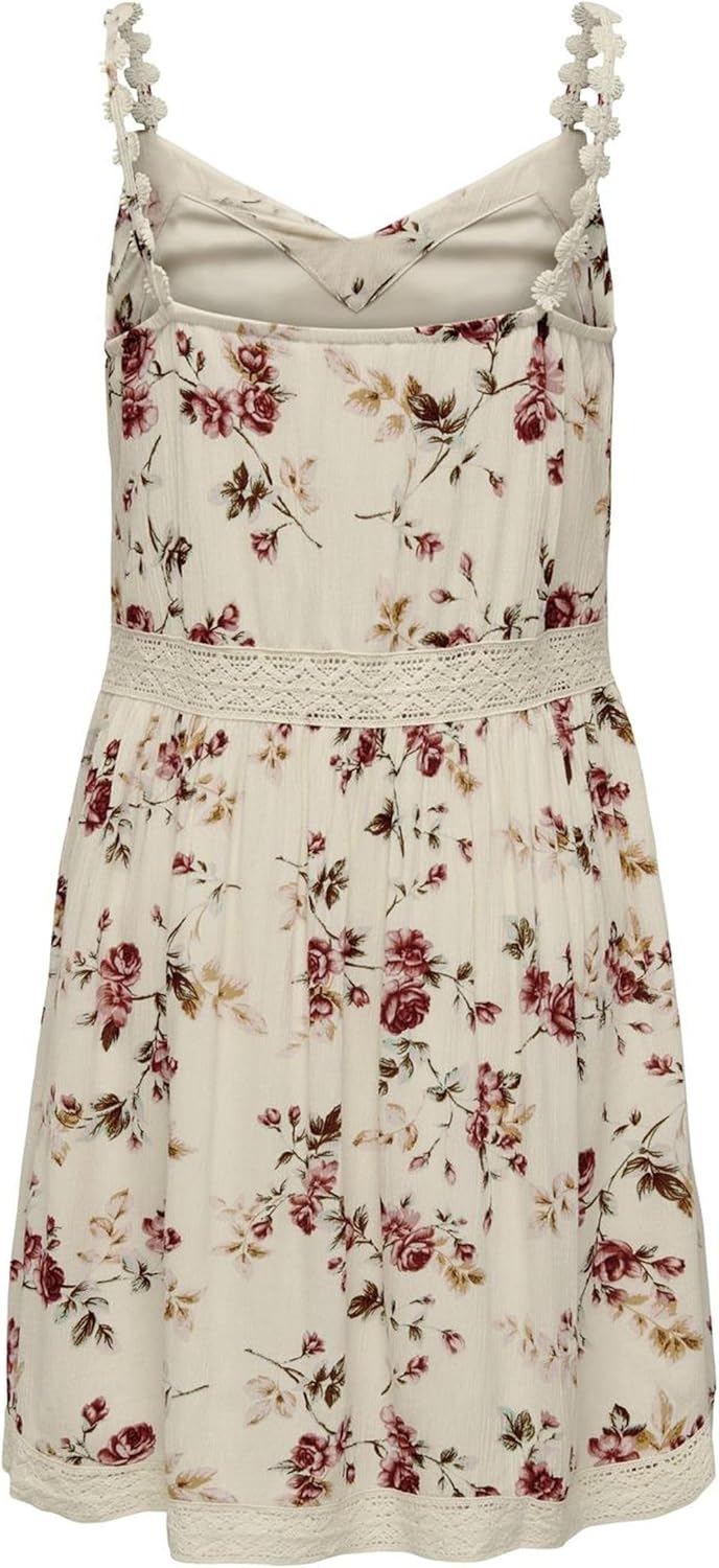 Only Damen Kleid Karmen Anne Träger-Kleid mit Blumen-Muster 15177478 Creme brûlée: Rose Flower 34 EU
