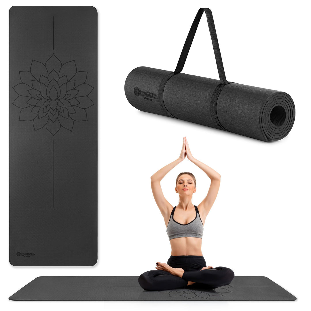 HyperMotion Yogamatte Fitnessmatte NBR 183x61x0,8 cm Schwarz, Rutschfest 8 mm, mit Tragegurt und Str