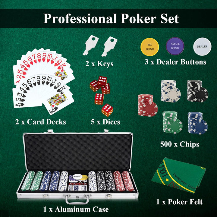 HOMASIS Pokerset mit 500 Chips, Poker Koffer mit 2 Kartendecks, 5 Würfel, Kasino-Matte, 3 Dealer But