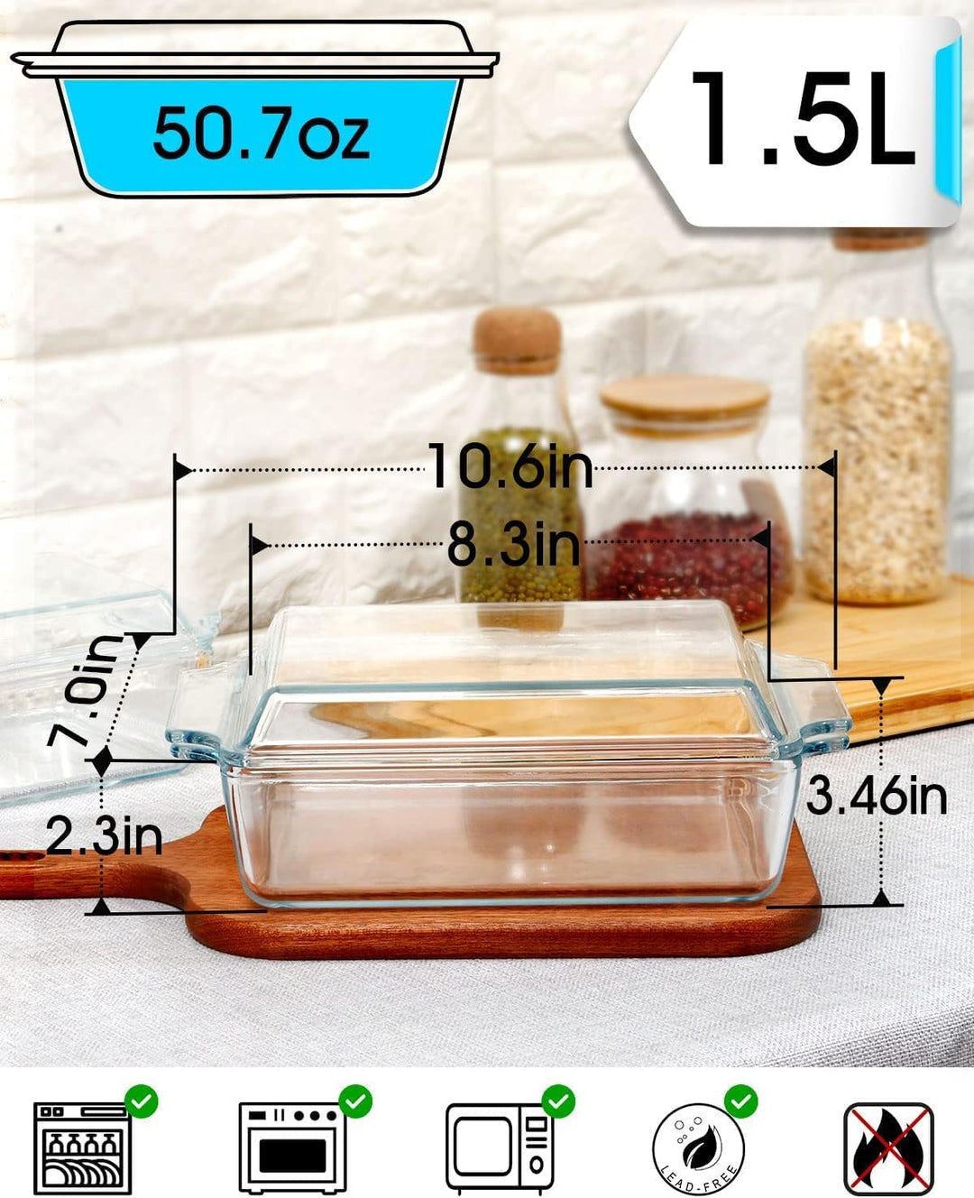 Glas Auflaufform mit Deckel, 1.5L Rechteckige Lasagneformen 21x17.8x6cm, Ofenfest, Mikrowellengeeign