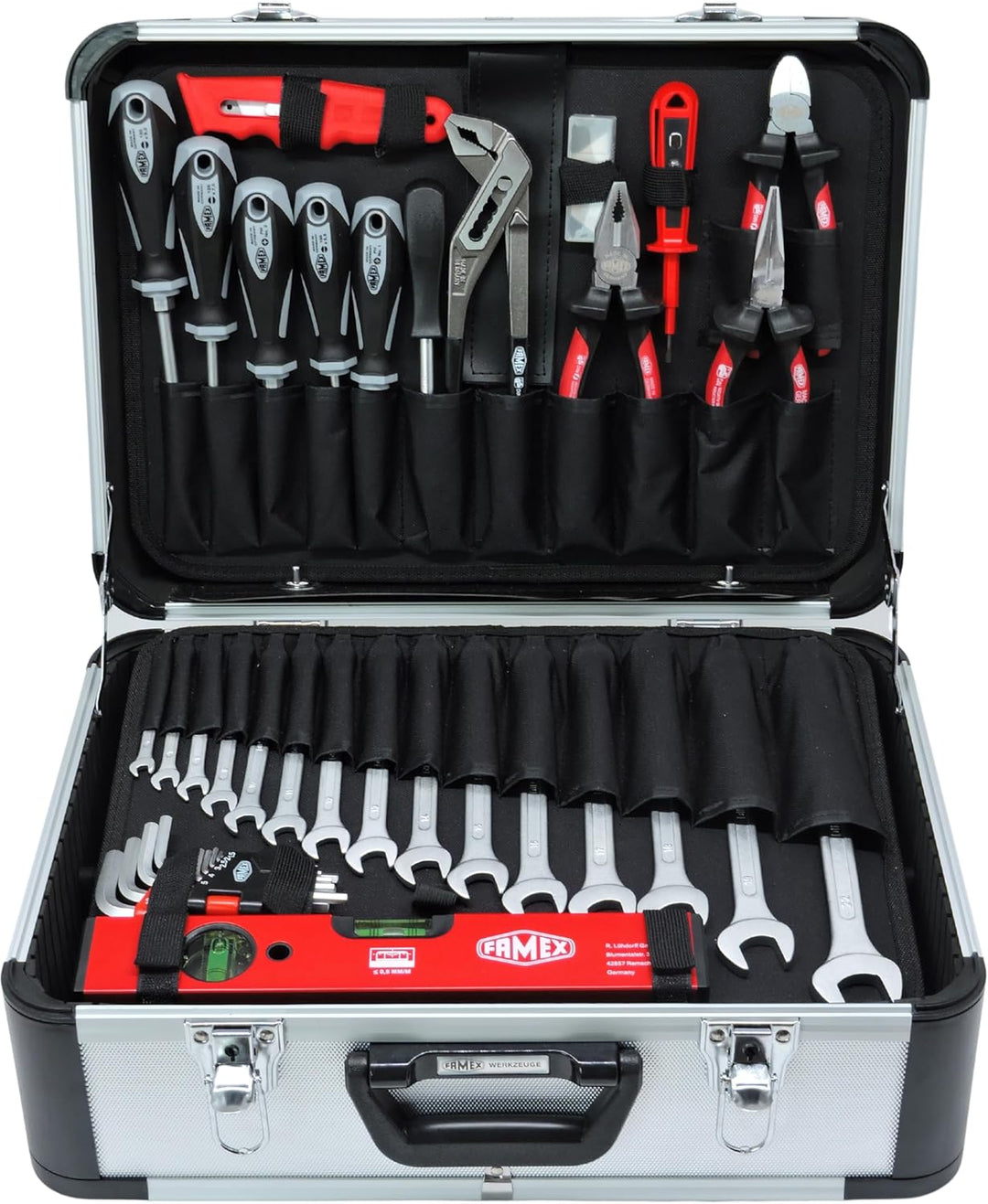 FAMEX 729-87 Alu Werkzeugkoffer gefüllt mit Profi Werkzeug-Set - max. Tragkraft 30kg, viele Werkzeug