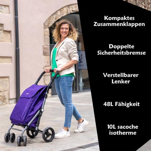 Carlett Einkaufstrolley mit 4 Rädern, faltbar, mit abnehmbarer 48-L-Tasche, bis 25kg und 10-L-Thermo