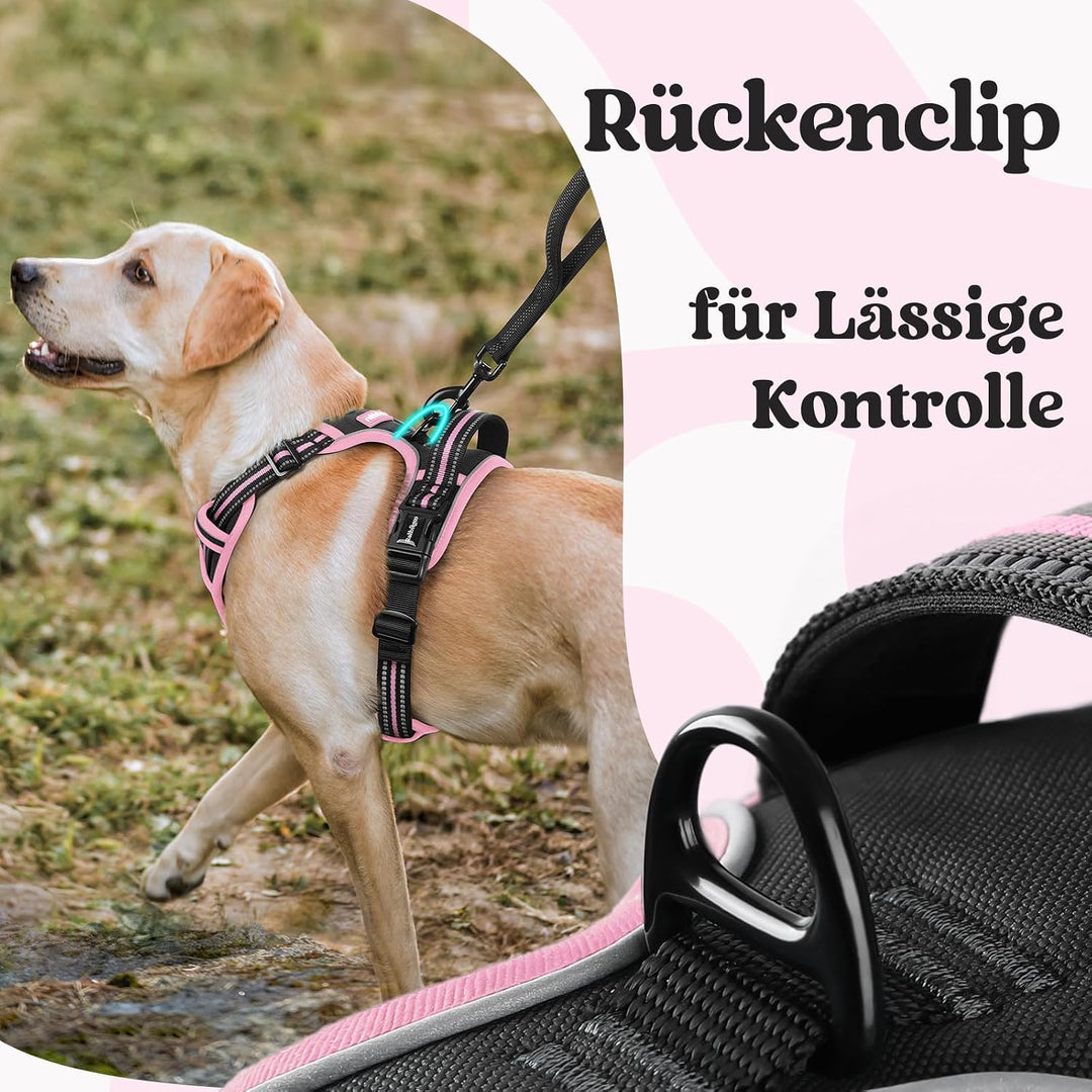 rabbitgoo Hundegeschirr Grosse Hunde Leichtes Anlegen, XL, Schwarz &amp; Rosa | Anti Zug, Ohne Kopfdurch