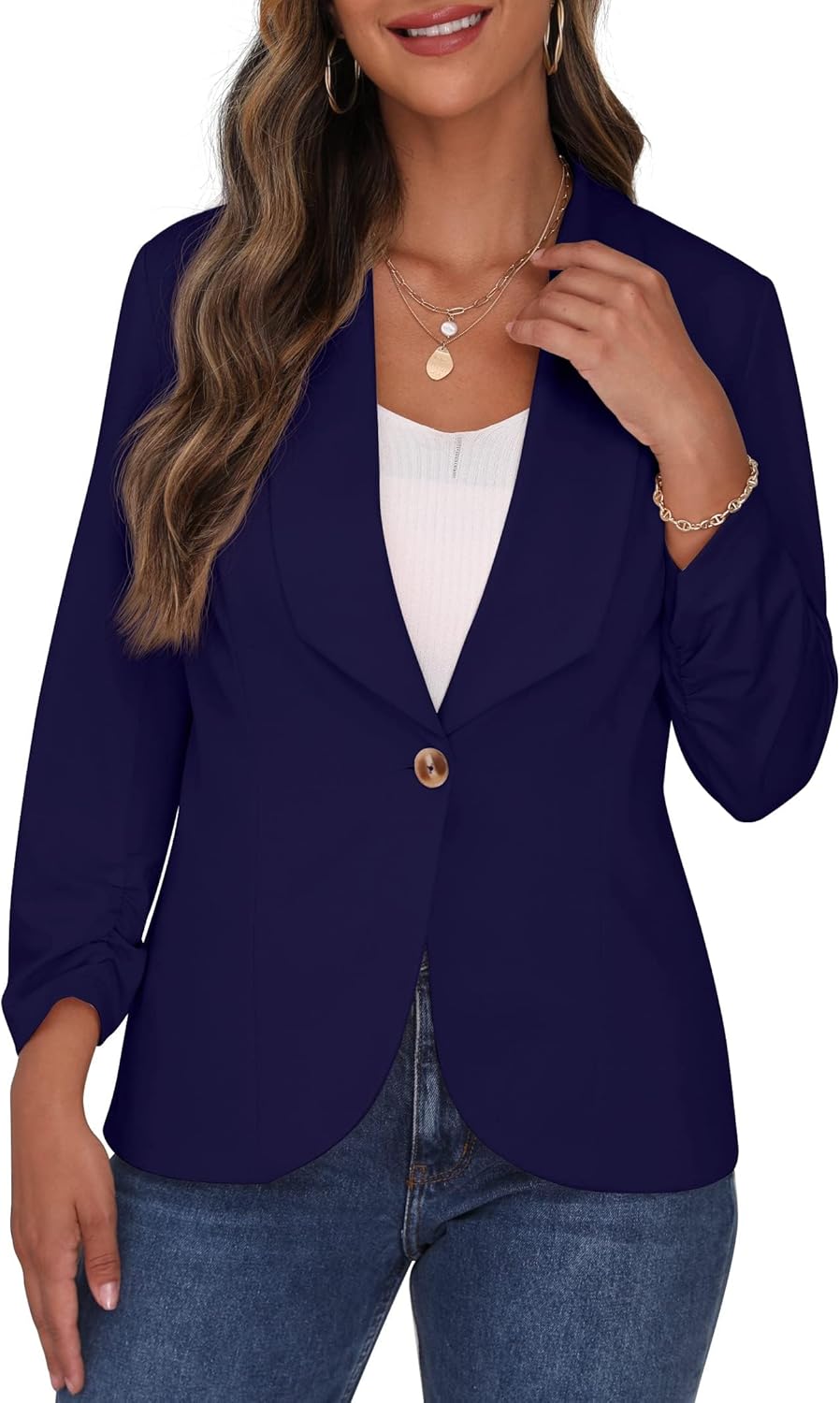 PrinStory Blazer Für Damen 3/4 Geraffte Ärmel Blazer Geschäft Büro Blazer Anzug Sportlich Jack Trenc