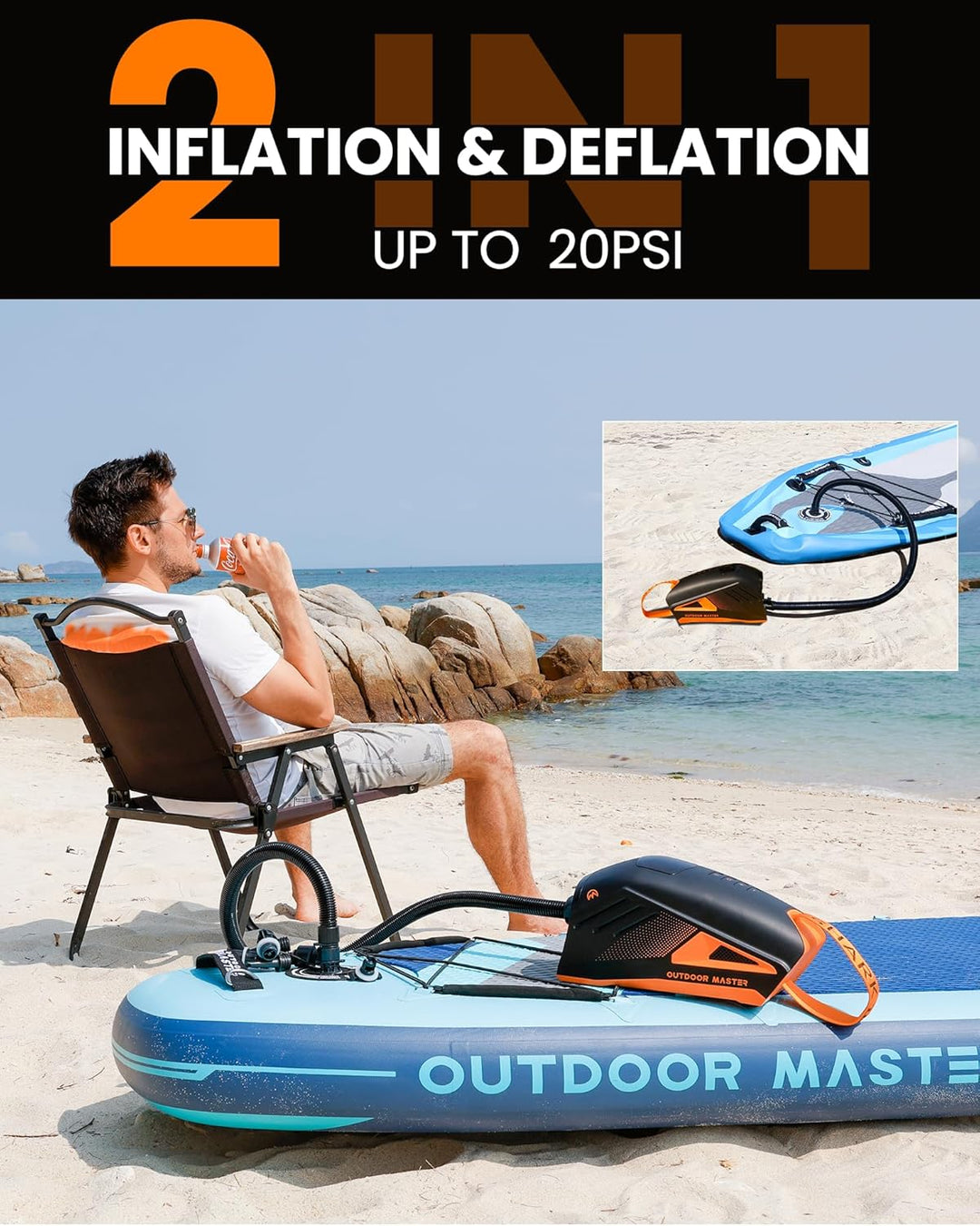 OutdoorMaster Shark 3 SUP Pumpe Elektrisch mit Akku - 3'50" Schnelles Aufpumpen, 20PSI 74Wh Luftpump