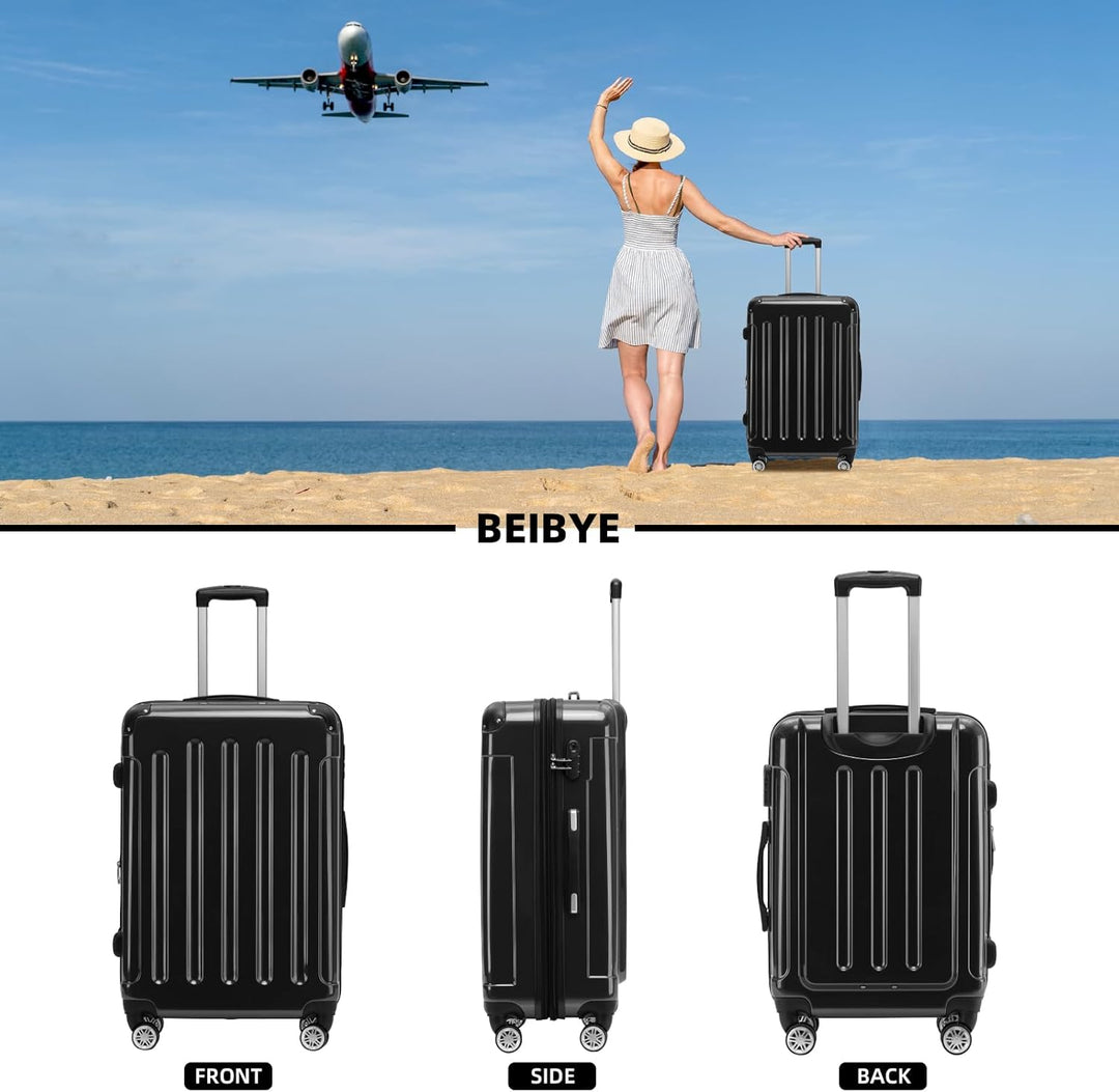 BEIBYE- 3er Kofferset Hartschalen-Koffer Reisekoffer Trolley Rollkoffer Set Reisekofferset (Schwarz)