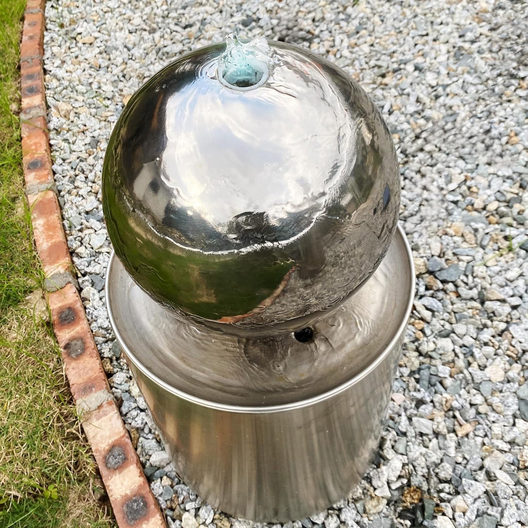 Köhko® Kugelbrunnen Ø25cm mit integrierte LED-Beleuchtung auf zylindrischen Edelstahl Eimer H30cm ho