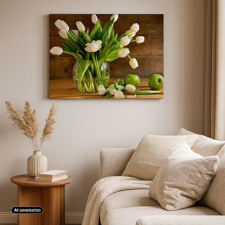 Bilder auf Leinwand 100x70cm Leinwandbild Tulpen Apfel Blumenstrauss Frühling Gross Wanddeko Bild Sc