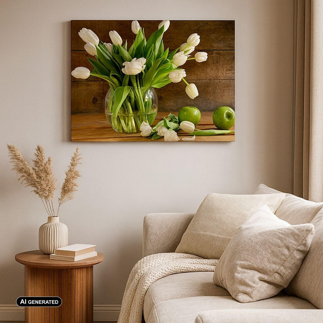 Bilder auf Leinwand Tulpen Apfel Blumenstrauss Frühling Leinwandbild 70x50cm Wandbilder Dekoration W