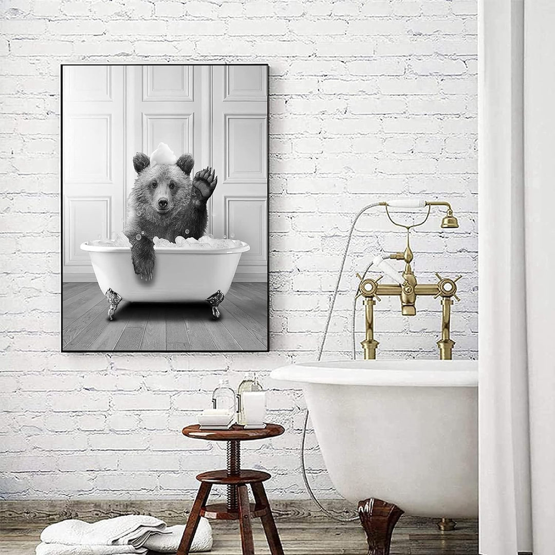 WADBTP Badezimmer Bilder,Schwarz Weiss Bilde,Lustige Tier in der Badewanne Leinwand Bilder für Wohnz