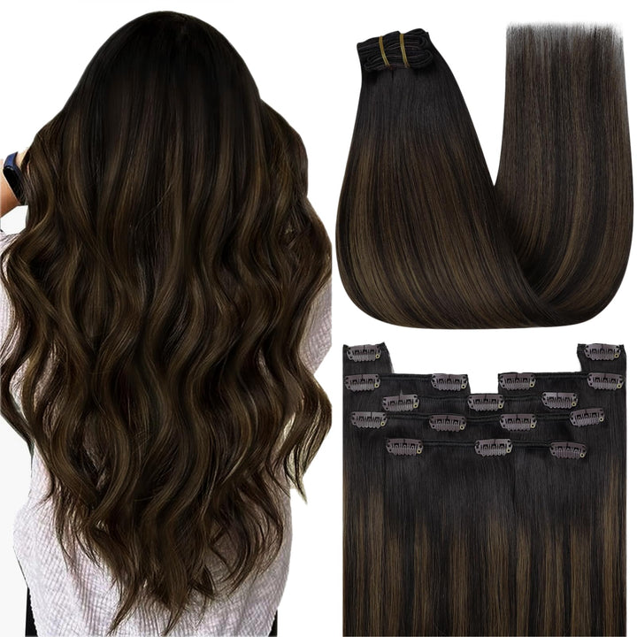 YoungSee Extensions Clip in Braun Ombre Remy Glatt Haar Clip in Extensions Echthaar Ombre Dunkelbrau