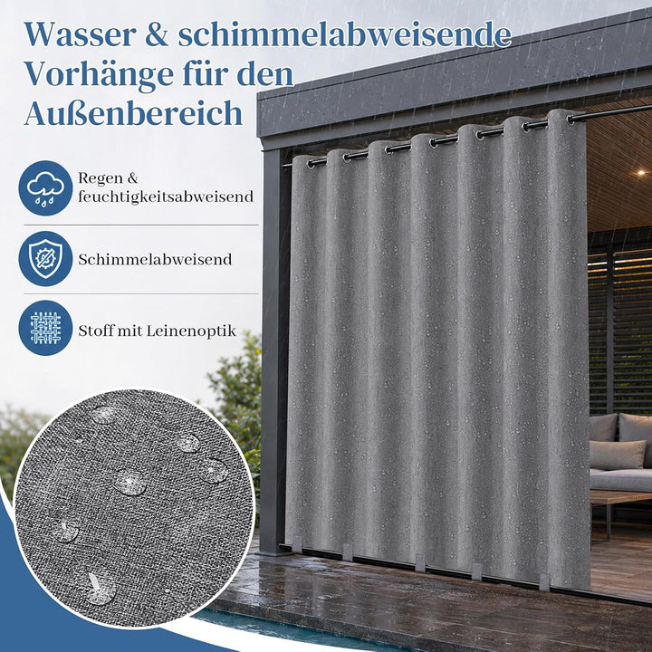 Rosnek Outdoor Vorhang Wetterfest Extra Breit B254 x H214 cm, 100% Blickdicht Winddicht mit Ösen Obe