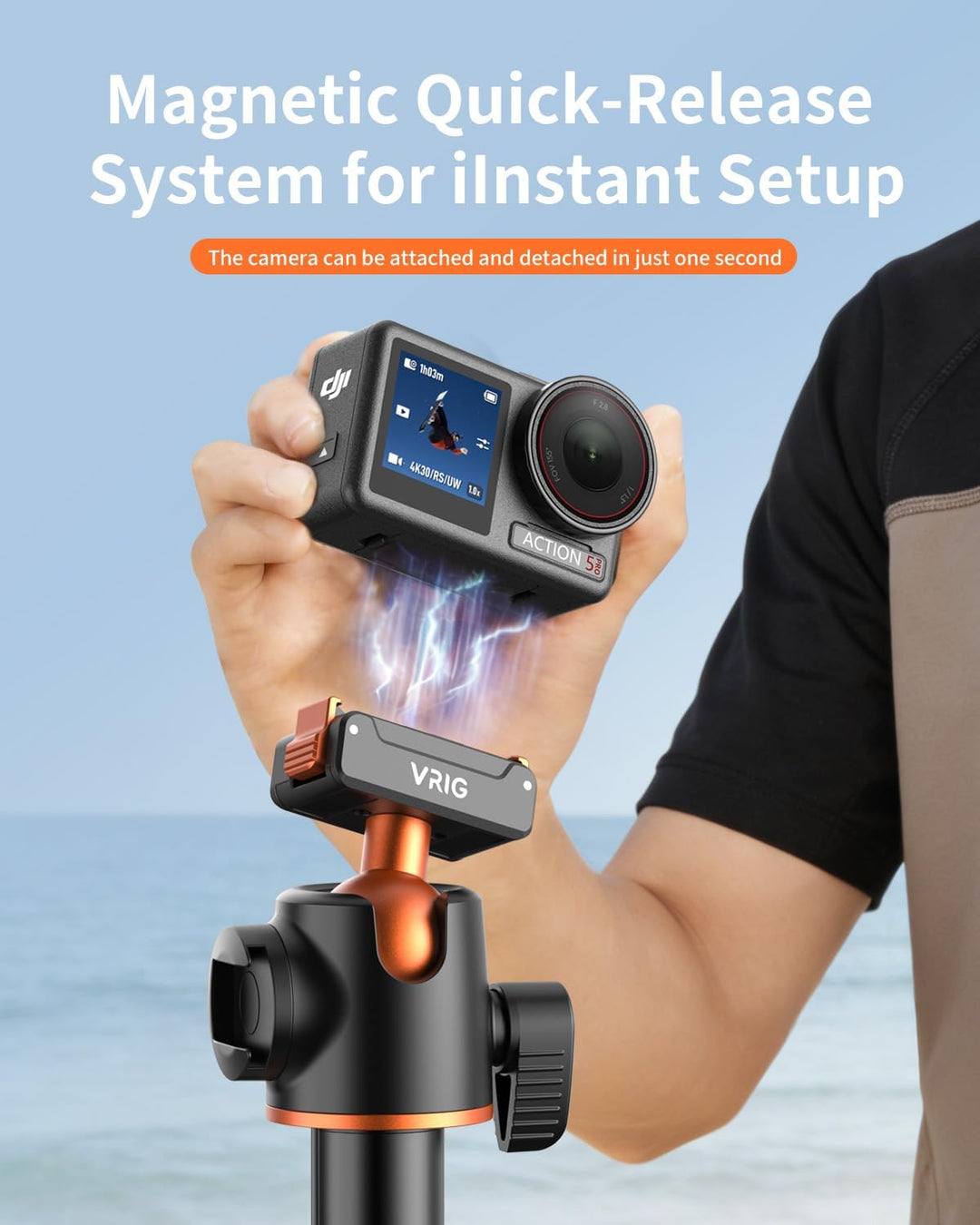 VRIG AC-40S Selfie Stick Stativ für DJI Osmo Action 5 Pro, Länge 33 bis 140 Zentimeter, 1/4-Zoll-Sch