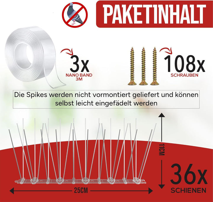 wortek Taubenabwehr Spikes Vogelabwehr Spikes - Edelstahl 9 Meter mit Sollbruchstellen - Tierfreundl