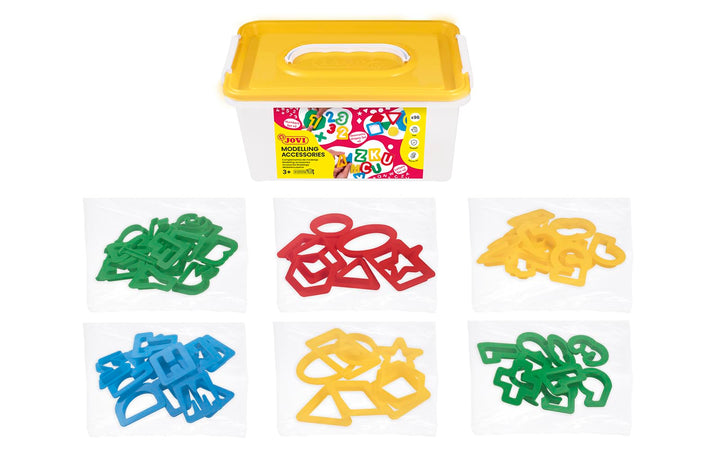 Jovi Truhe mit Buchstaben, Zahlen und geometrischen Formen, mehrfarbig, 96 Stück