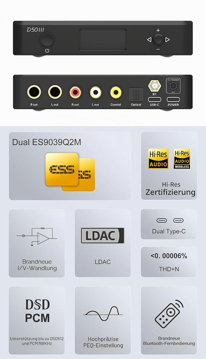 Topping D50 III DAC-Vorverstärker – LDAC Bluetooth 5.1 Dual ES9039Q2M D/A-Chips unterstützt DSD512 P