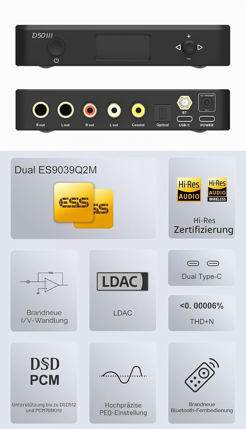 TOPPING D50 III DAC-Vorverstärker – LDAC Bluetooth 5.1 Dual ES9039Q2M D/A-Chips unterstützt DSD512 P