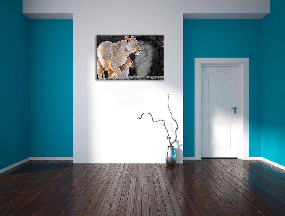 liebevolle Löwenmutter mit Jungtier schwarz/weiss auf Leinwand, XXL riesige Bilder fertig gerahmt mi