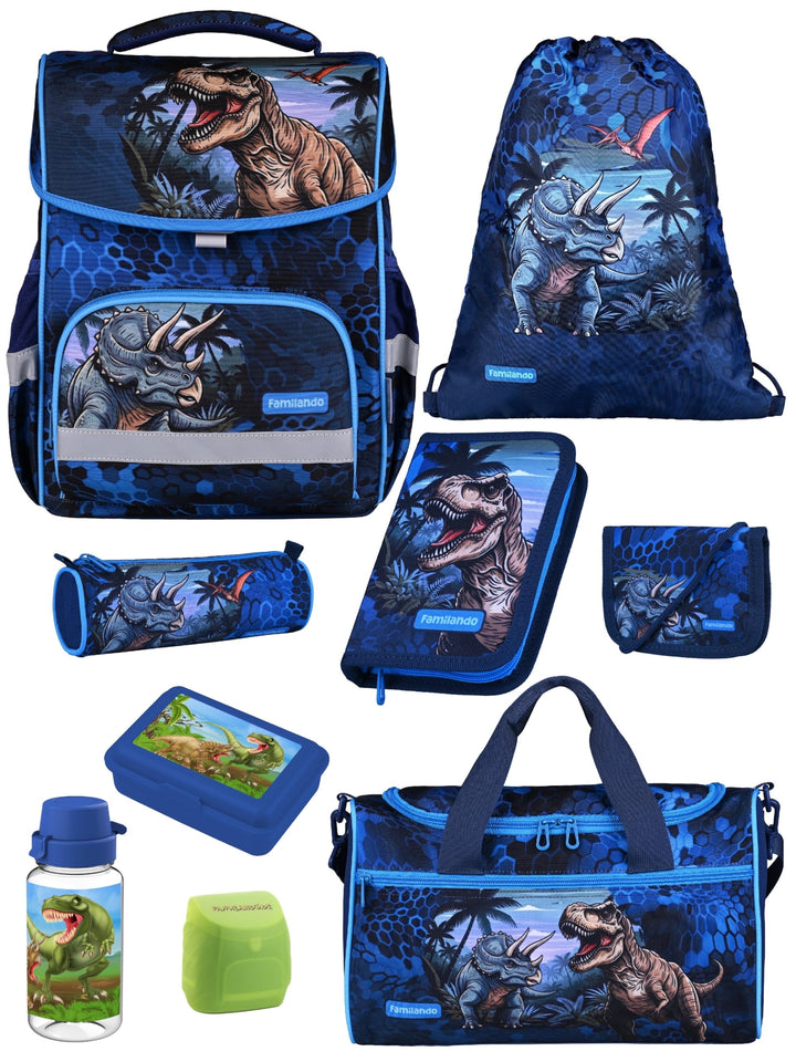 Familando - Basic-Plus Schulranzen Set - 9-teilig mit Sporttasche - T-REX Dino - Ergonomisch, stabil
