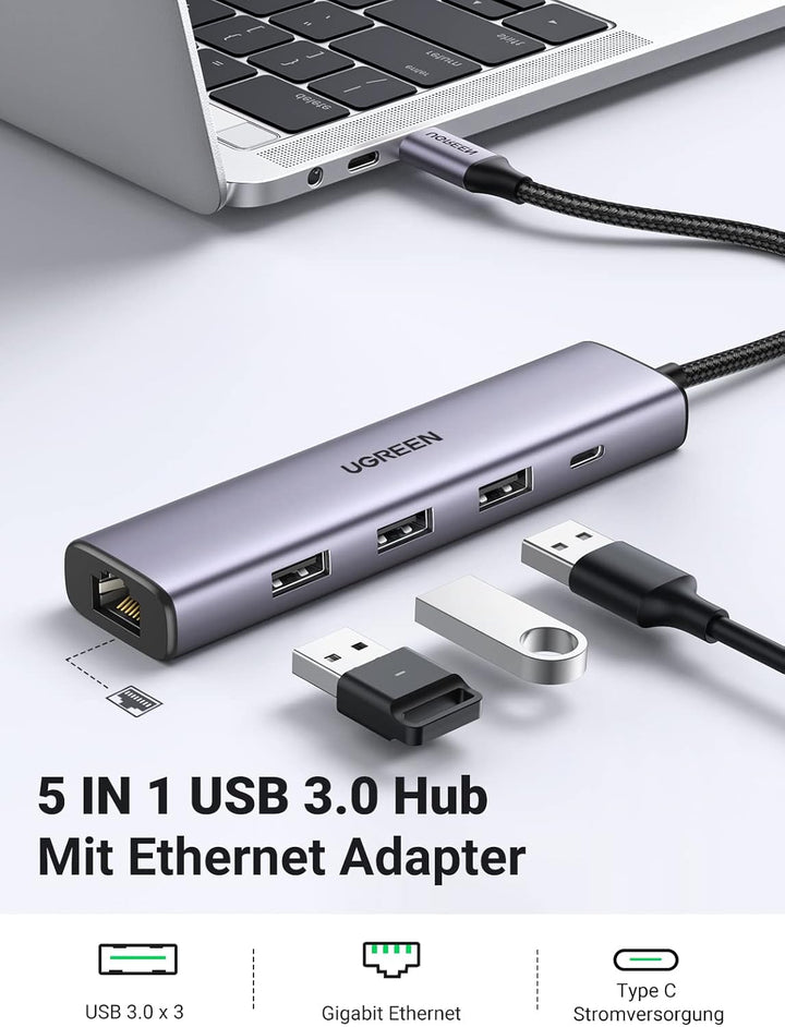 UGREEN USB Hub Ethernet Adapter Gigabit LAN Adapter mit 3 USB 3.0 Ports 1000 Mbps USB Netzwerkadapte