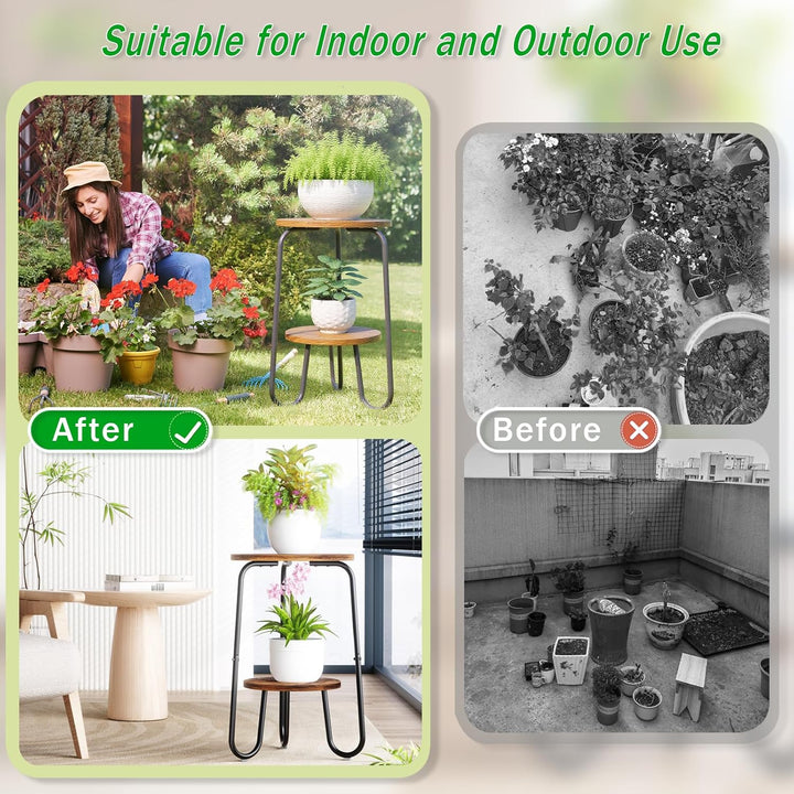 2-stufiger Blumenständer Holz Indoor, Kleiner runder Pflanzenständer, 50cm hoher Blumentisch, Rustik