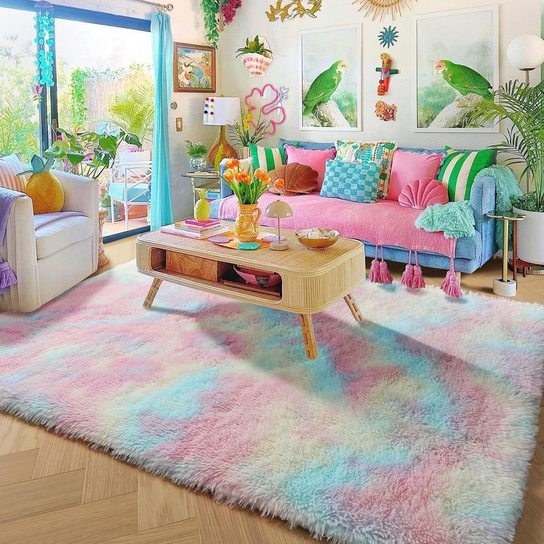 Flauschige Regenbogen-Teppiche für Mädchenzimmer, Einhorn-Zimmerdekoration, Pastell-Teppich für Kind