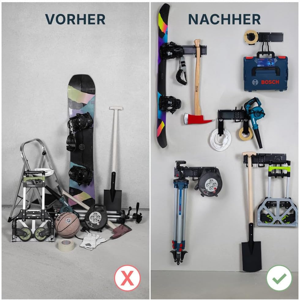 Dönges Werkzeug Wandhaken für Garage Aufbewahrungsregal mit 5 Schienen, 14 Haken &amp; 2 Klettschlaufen